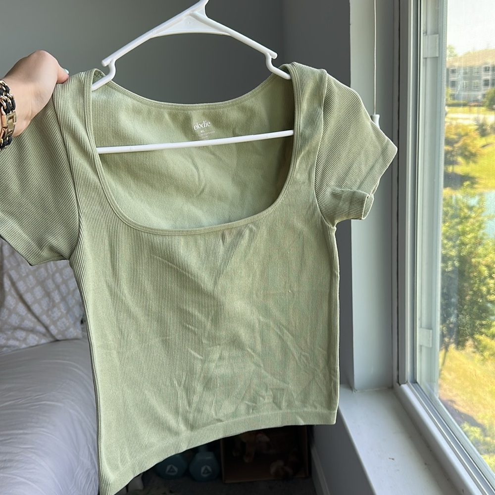 Elodie Light Green Ribbed Short Sleeve Top